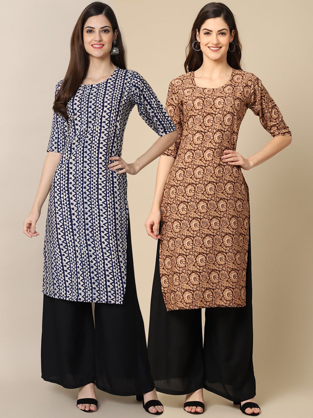 7threads KALINI Women Pack of 2 Blue & Beige Geometric Printed Block Print Crepe Kurta-picture-31