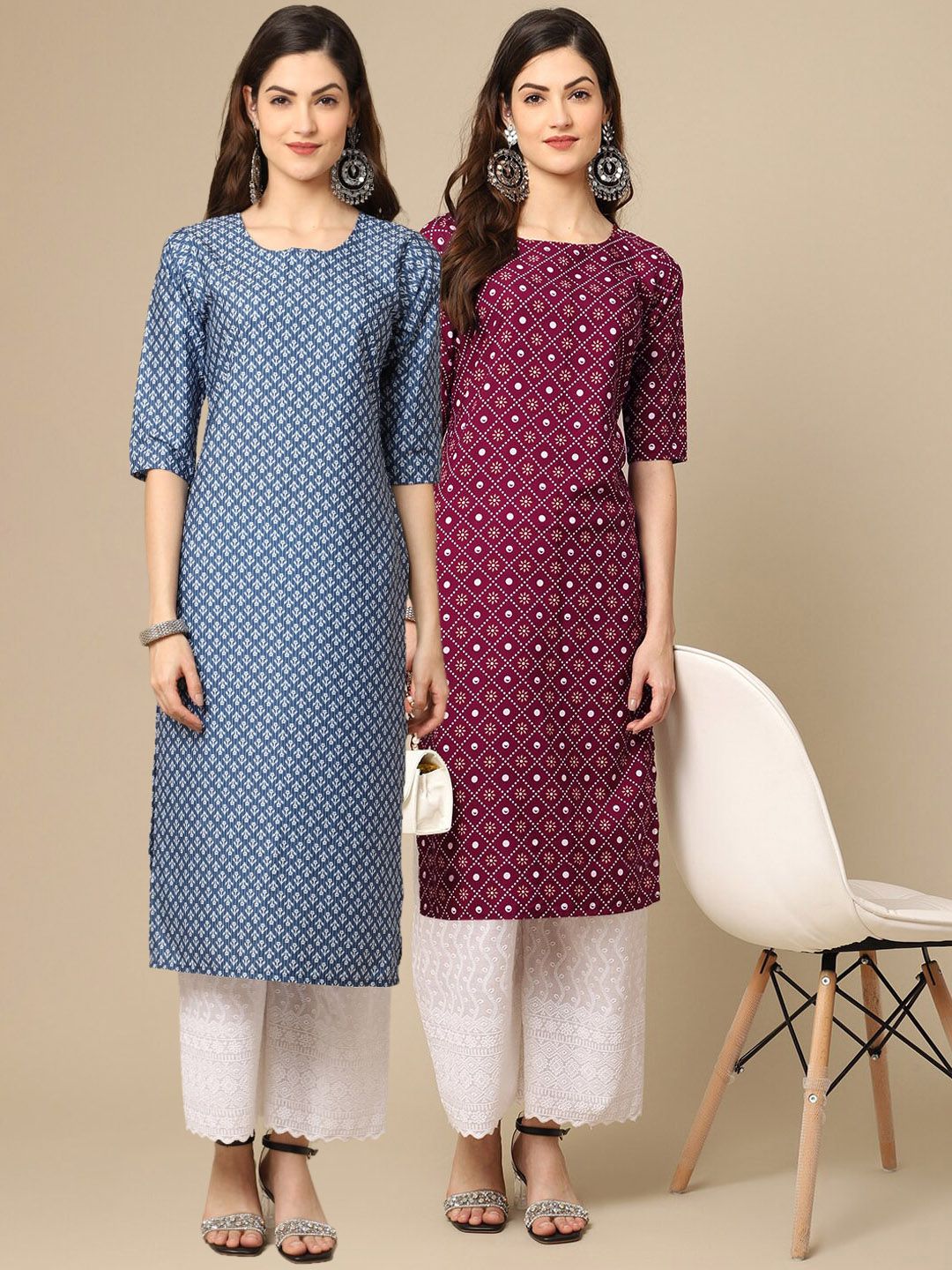 7threads KALINI Women's Crepe Maroon & Blue Color Printed Straight Handloom Kurta (PACK OF 2)-picture-29