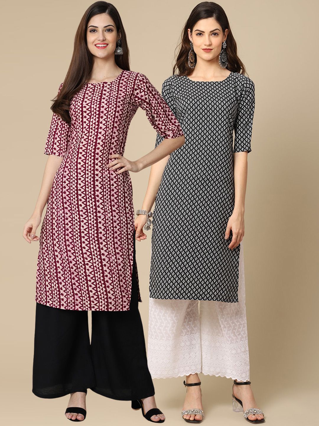 7threads KALINI Women Pack of 2 Pink & Black Digital Printed Crepe Straight Kurtas-picture-27