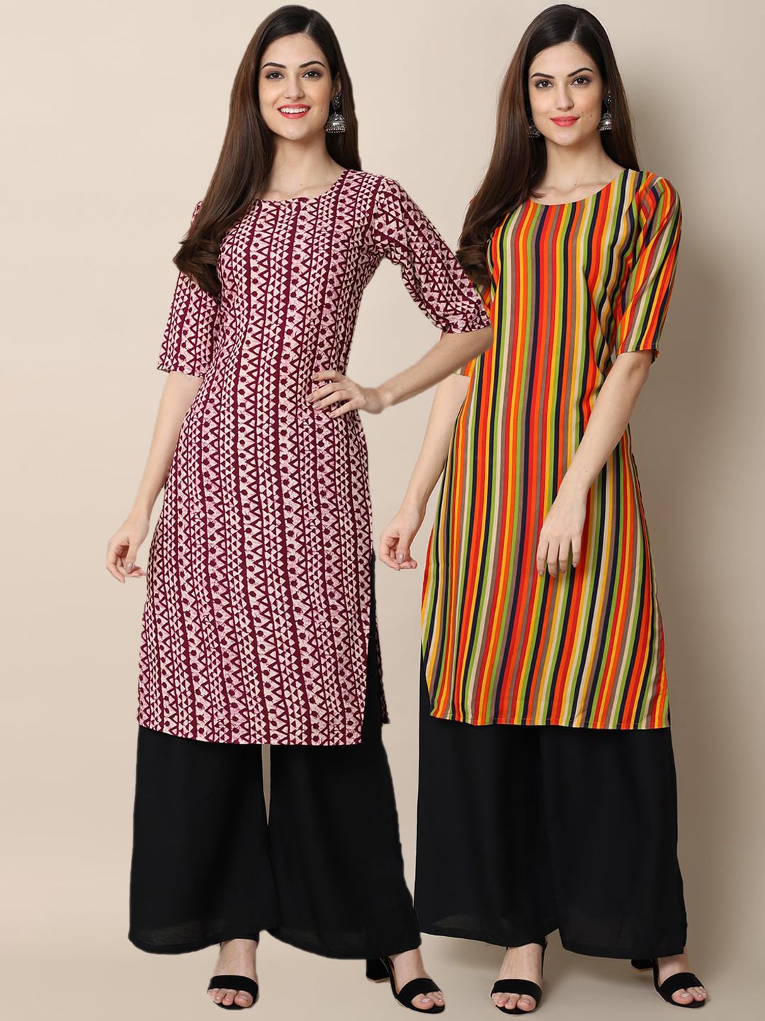 7threads KALINI Women Pack Of 2 Maroon & Red Geometric Printed Crepe Kurta-picture-26