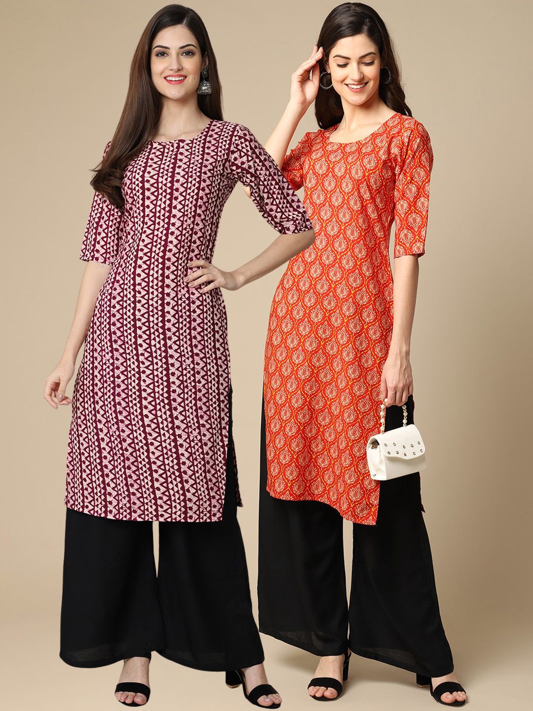 7threads KALINI Women Pack Of 2 Maroon & Orange Ethnic Motifs Printed Crepe Kurta-picture-24