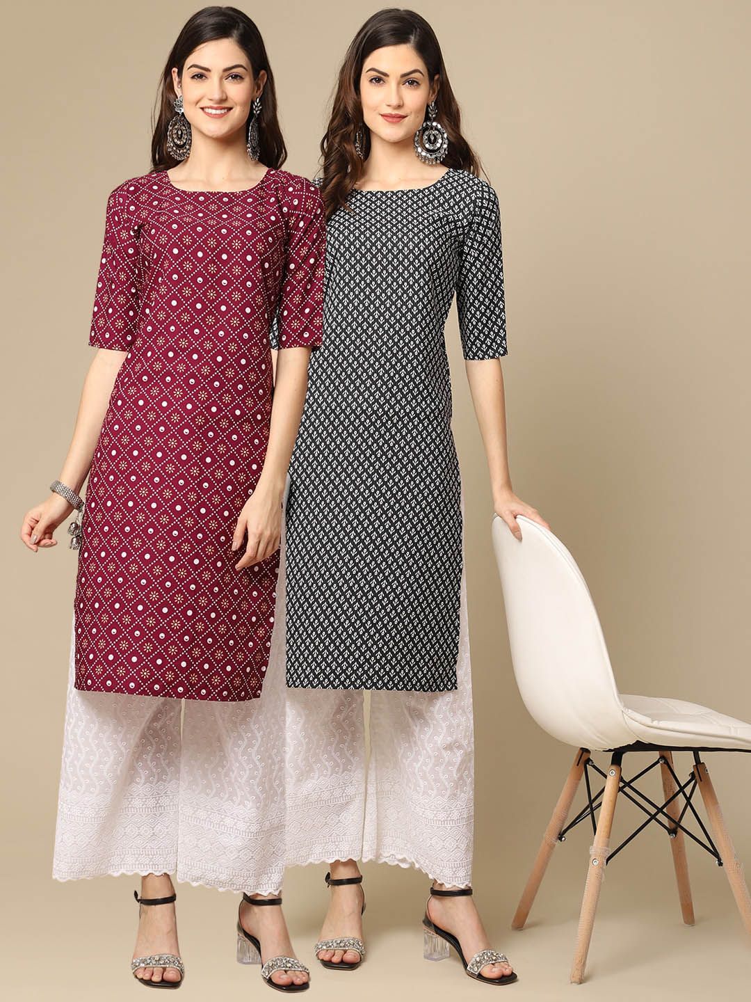 7threads KALINI Women Pack Of 2 Purple & Black Geometric Printed Block Print Crepe Kurtas-picture-12