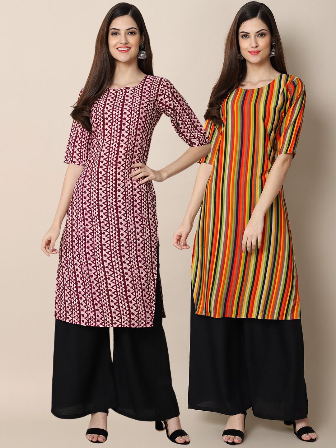 7threads KALINI Women Maroon & Orange Geometric Printed Handloom Crepe Kurta-picture-31