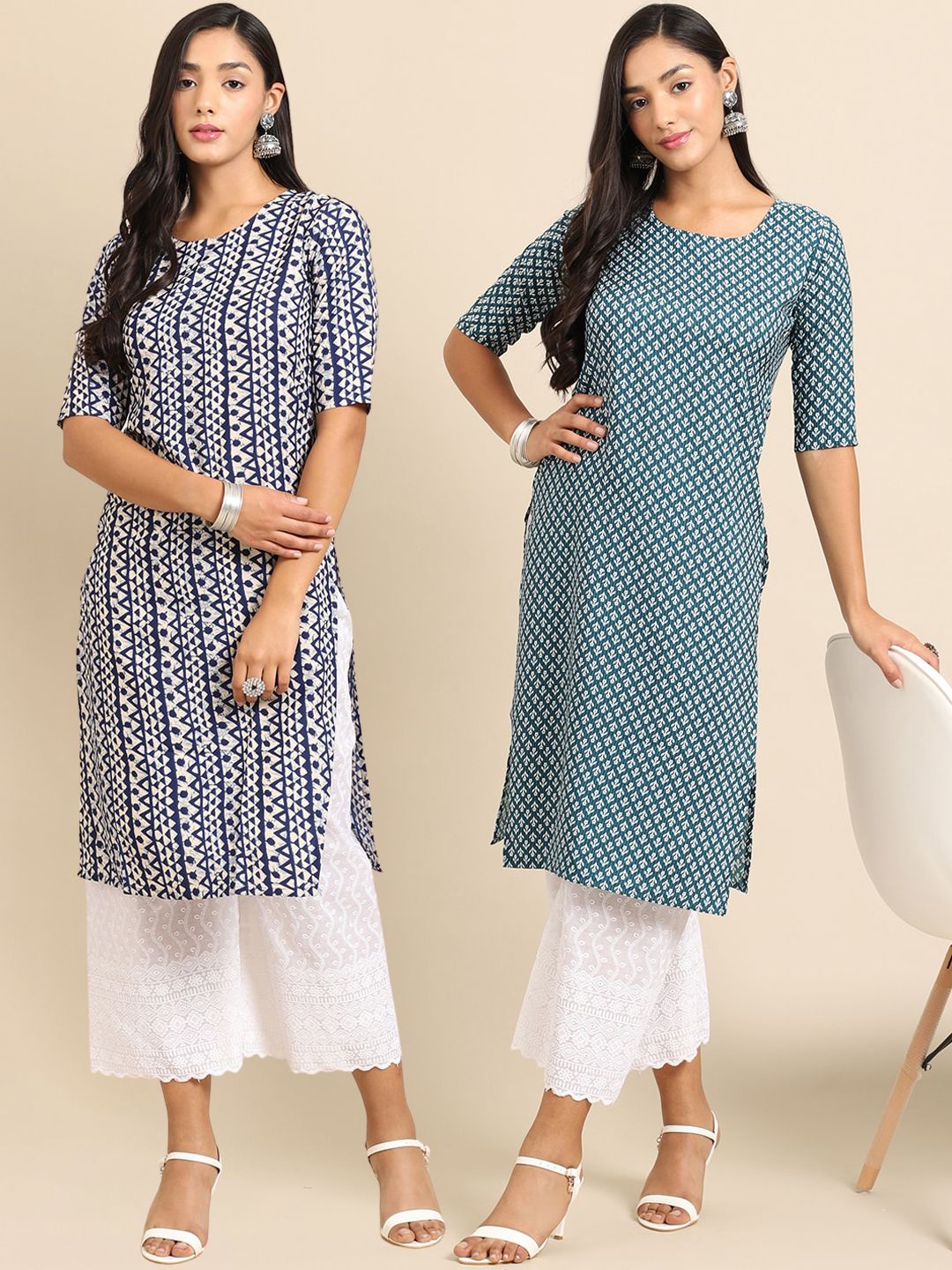 7threads KALINI Women Pack Of 2 Blue & White Ethnic Motif Printed Crepe Straight Kurta-picture-34