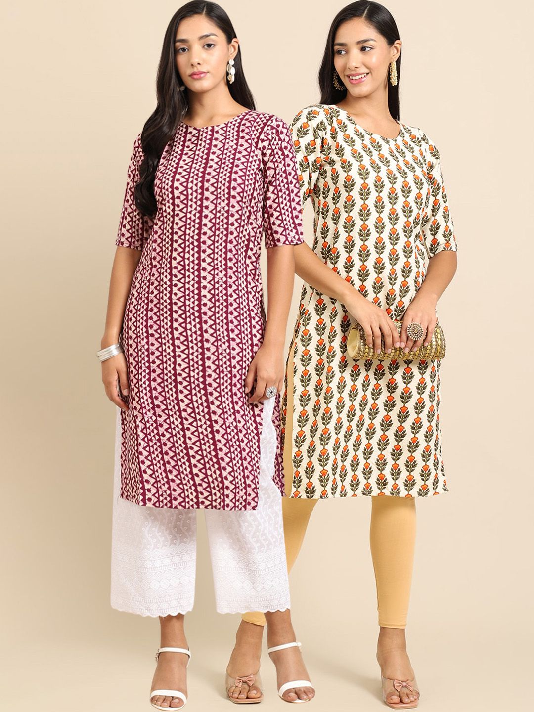 7threads KALINI Women Pack Of 2 Purple & Cream-Coloured Geometric Printed Block Print Crepe Kurtas-picture-19