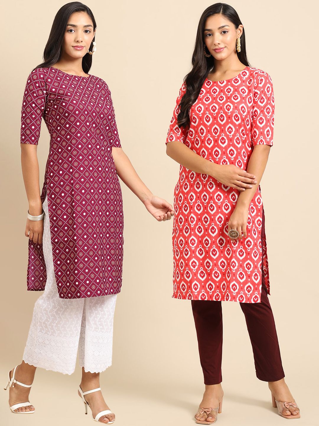 7threads KALINI Women Pack of 2 Maroon & Coral Pink Printed Crepe Kurtas-picture-36