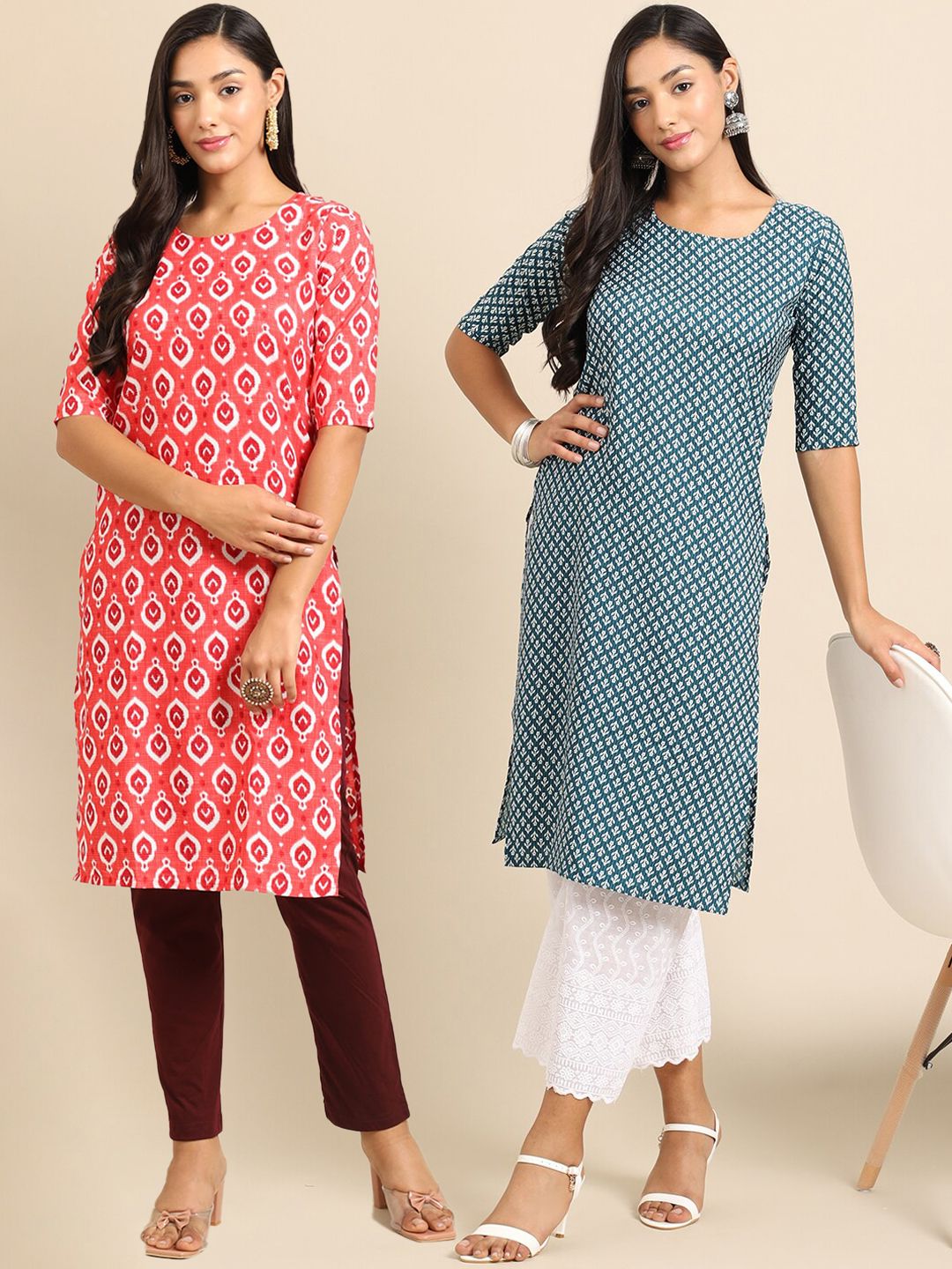 7threads KALINI Women Pack Of 2 Peach-Coloured & Blue Ethnic Motifs Printed Block Print Crepe Kurta-picture-10