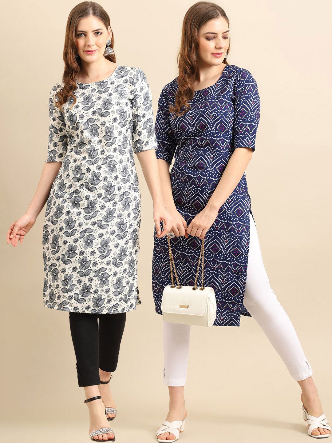 7threads KALINI Women Pack Of 2 White & Blue Floral Printed Crepe Kurta-picture-17