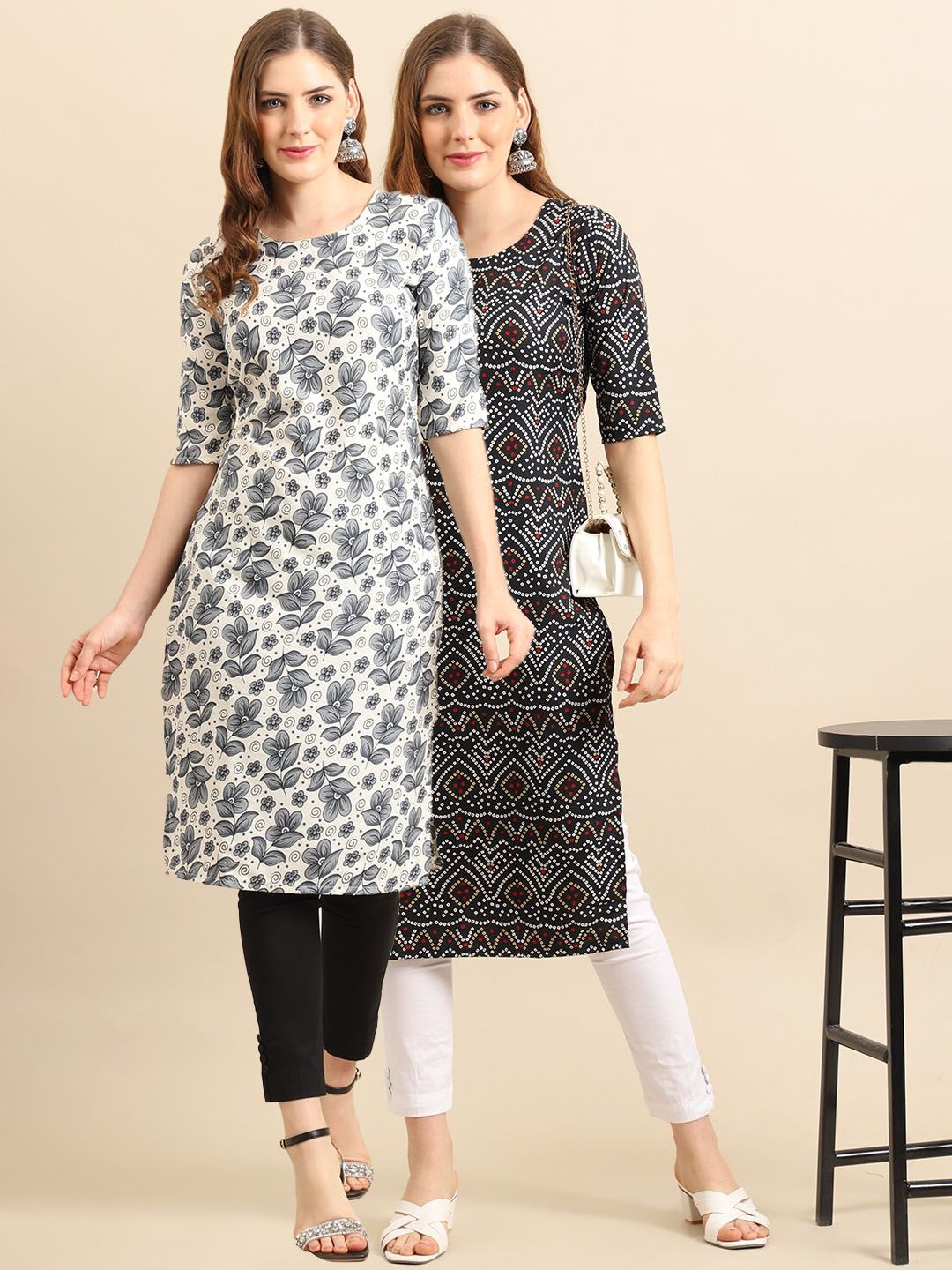 7threads KALINI Women Pack Of 2 White & Black Ethnic Motifs Printed Block Print Crepe Kurta-picture-18