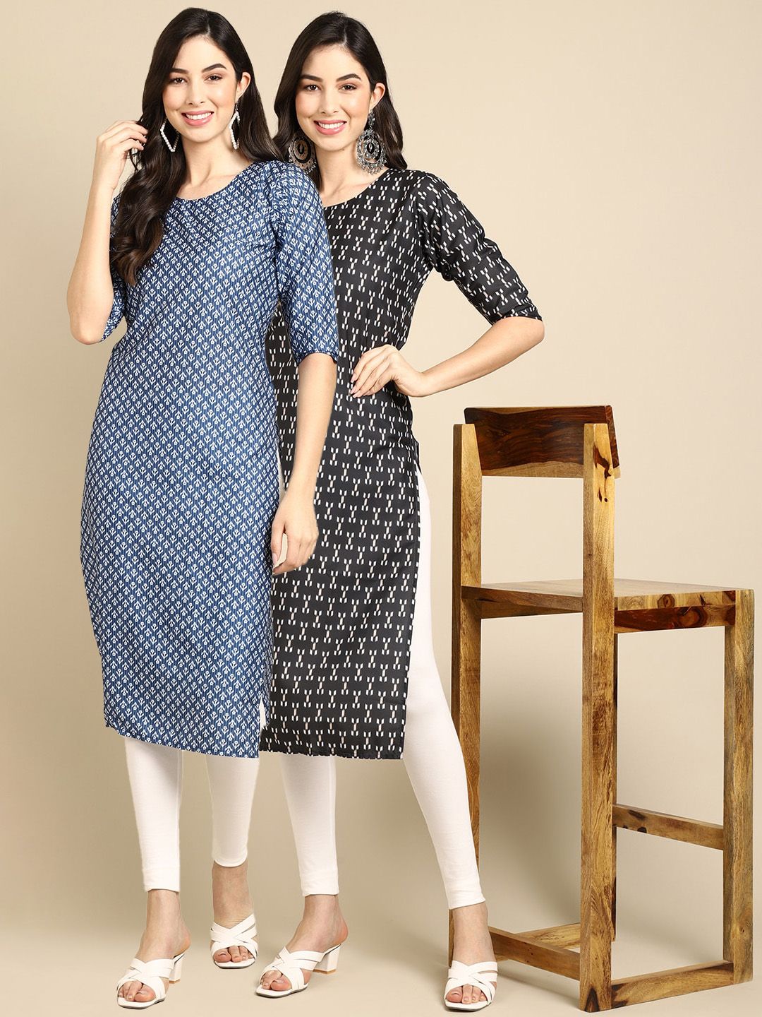 7threads KALINI Women Blue & Black Geometric Block Print Handloom Crepe Kurta-picture-38