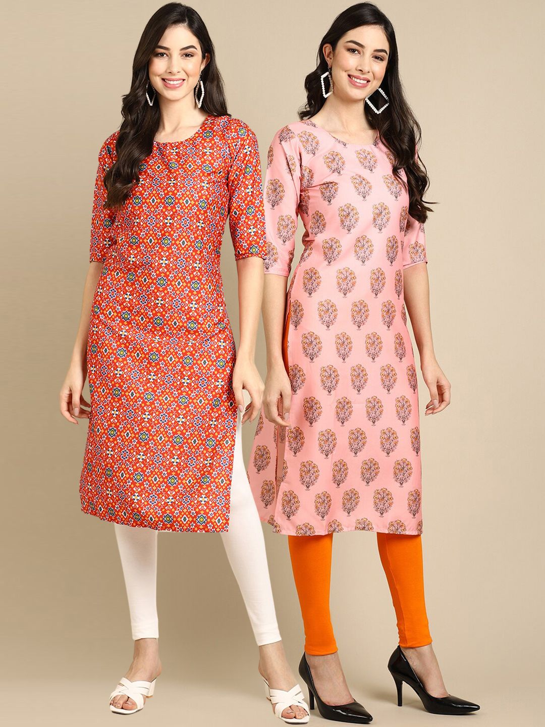 7threads KALINI Women Pack Of 2 Orange & Pink Ethnic Motifs Printed Crepe Kurta-picture-11