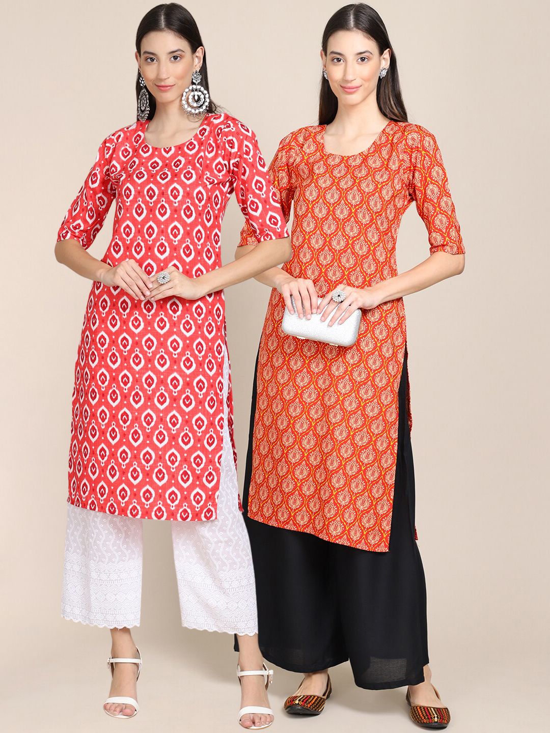 7threads KALINI Women Pack Of 2 Pink & Orange Ethnic Motifs Printed Block Print Crepe Kurta-picture-10
