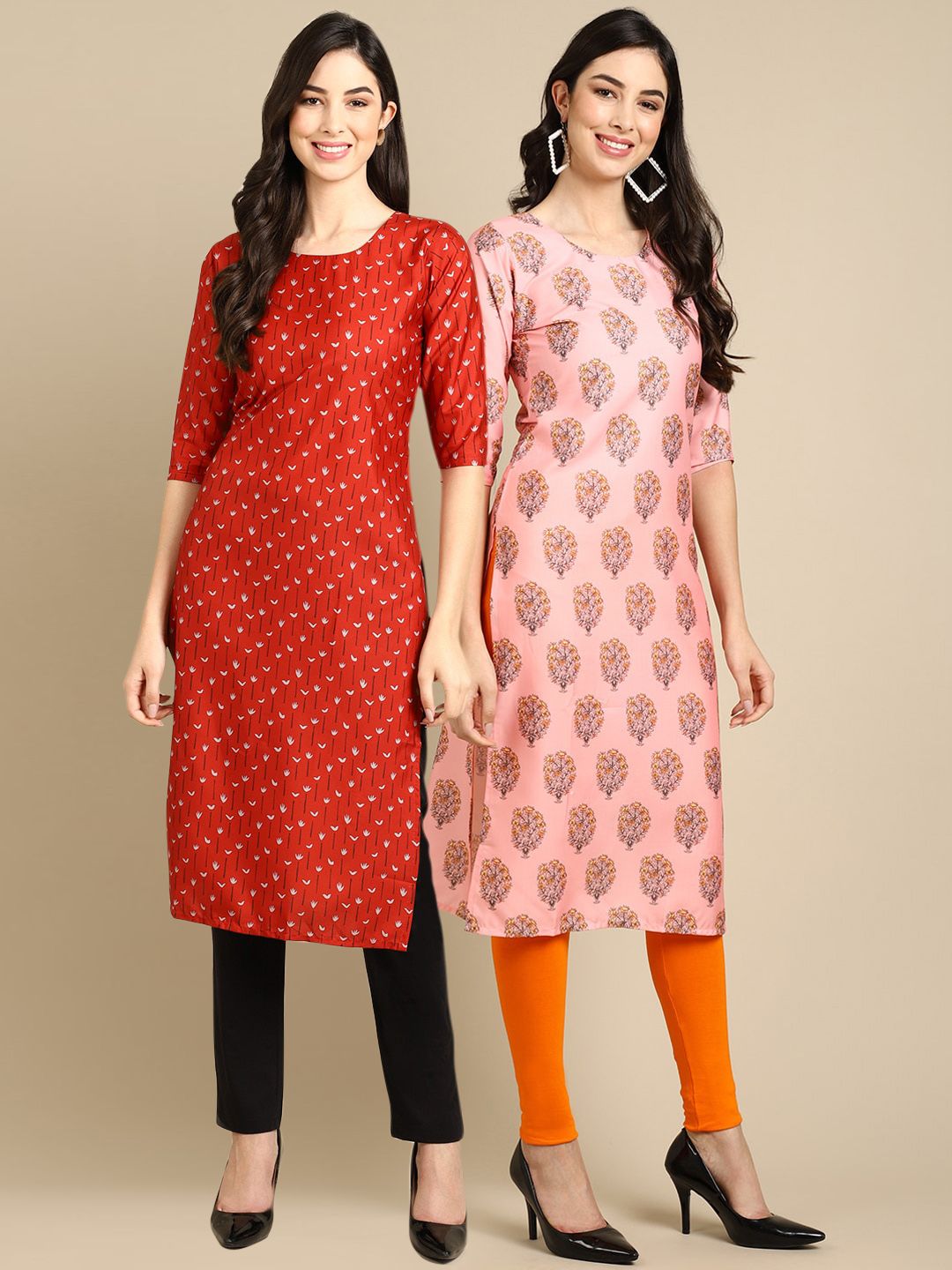 7threads KALINI Women Pack Of 2 Red & Pink Geometric Printed Block Print Crepe Kurtas-picture-34