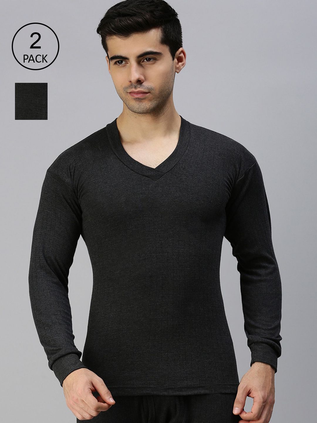 LUX PARKER Men Pack of 2 Black Solid  Cotton Thermal Top-picture-26