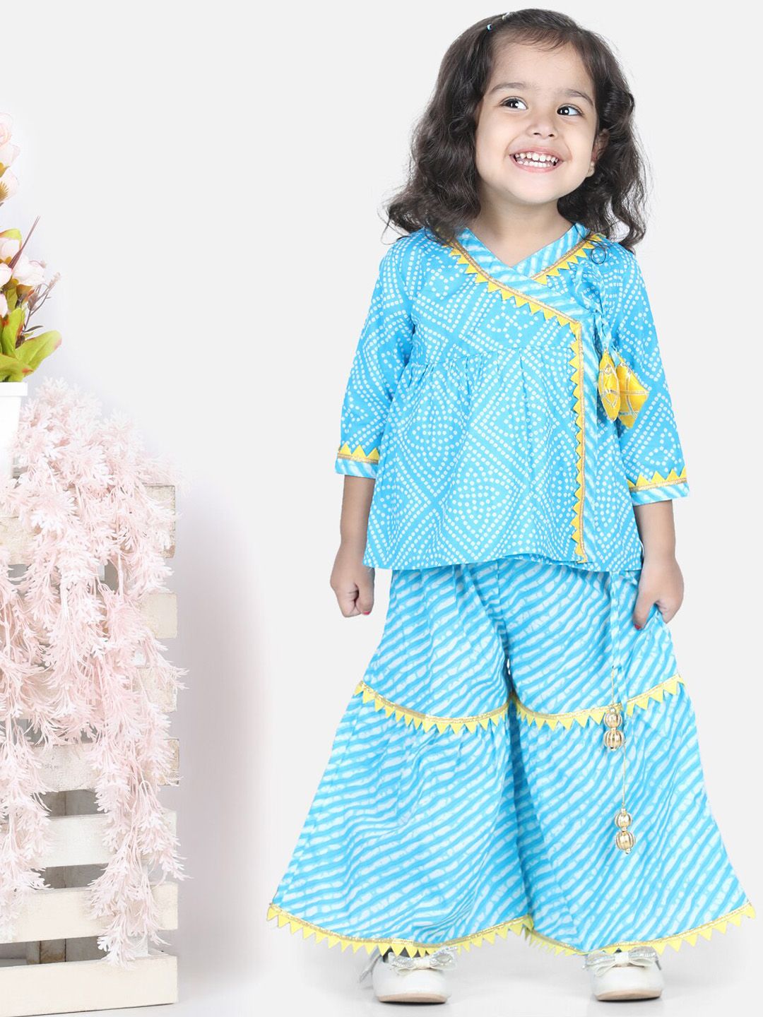 BownBee Girls Blue Bandhani Printed Angrakha Pure Cotton Kurti with Sharara-picture-26