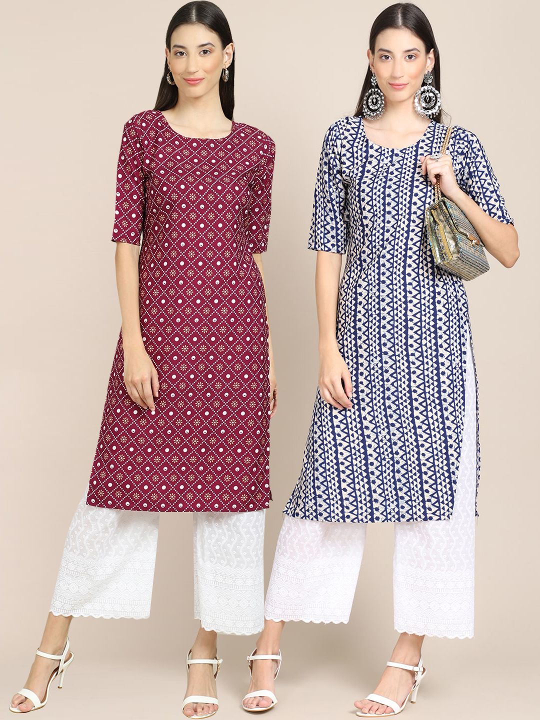 7threads KALINI Women Pack Of 2 Purple & Blue Geometric Printed Block Print Crepe Kurtas-picture-14