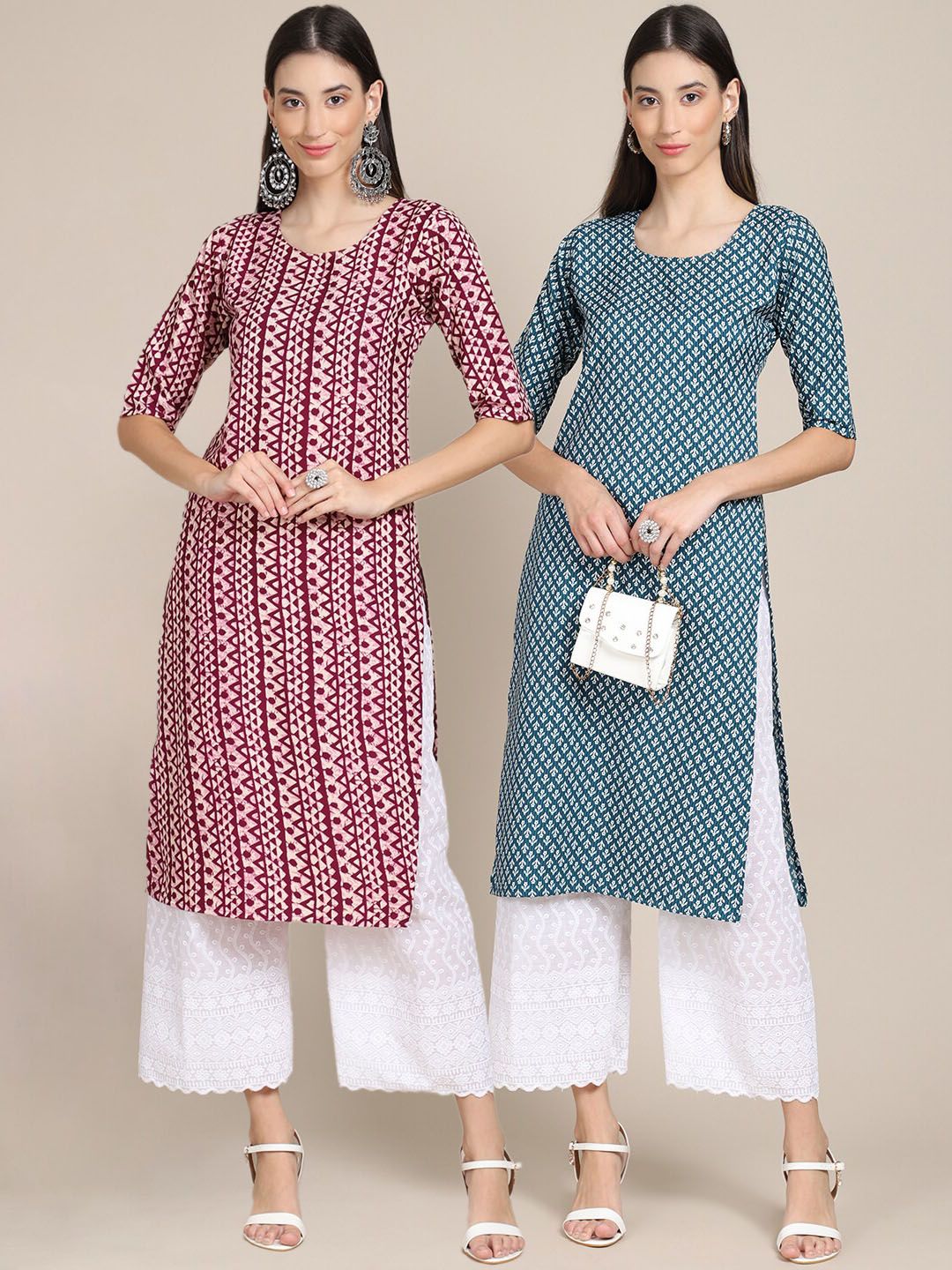 7threads KALINI Women Pack Of 2 Purple & Teal Geometric Printed Block Print Crepe Kurtas-picture-17