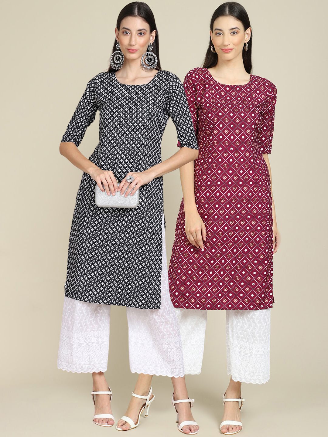 7threads KALINI Women Pack Of 2 Black & Purple Geometric Printed Block Print Crepe Kurtas-picture-10