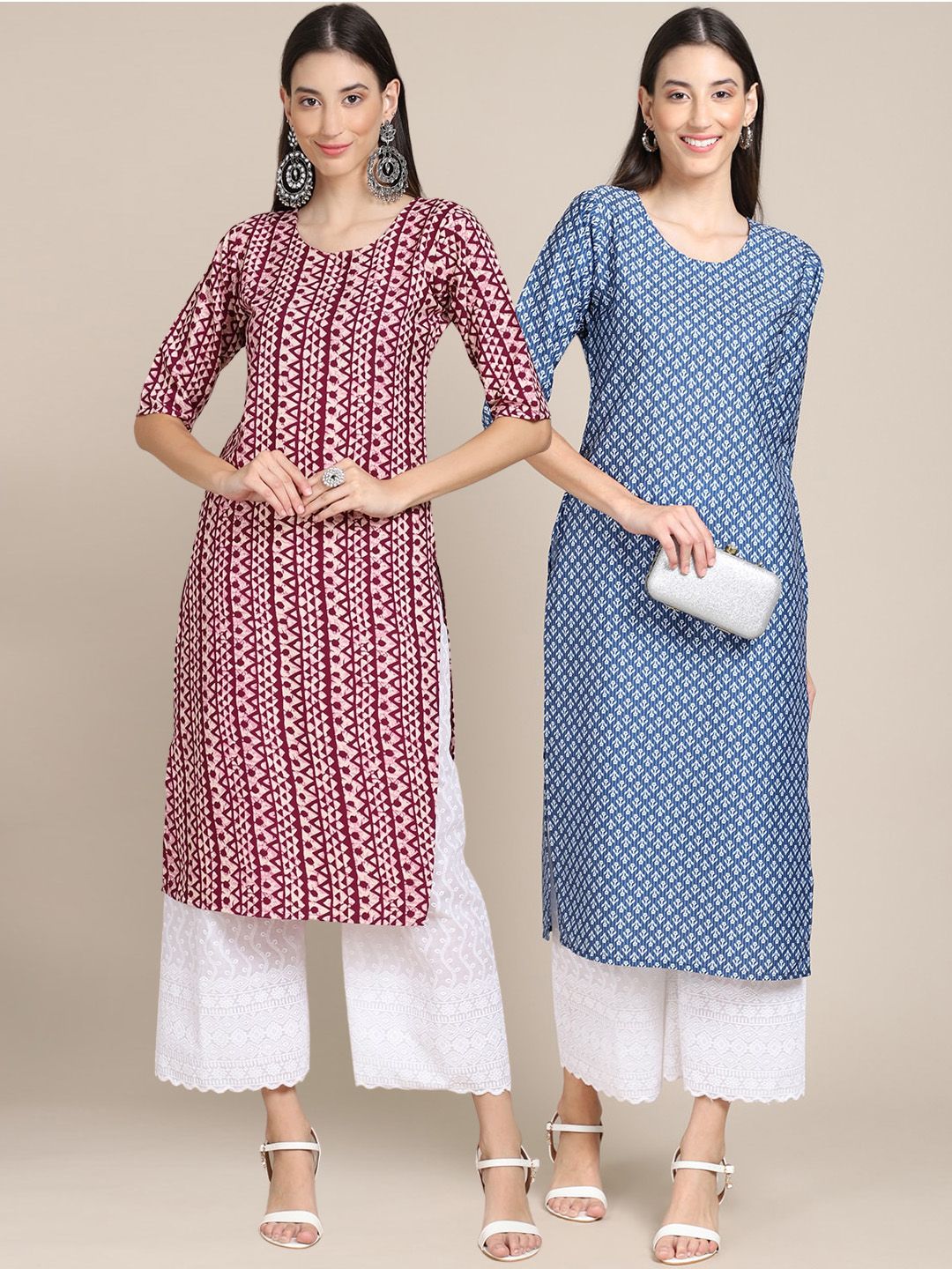 7threads KALINI Women Pack Of 2 Purple & Blue Geometric Printed Block Print Crepe Kurtas-picture-15