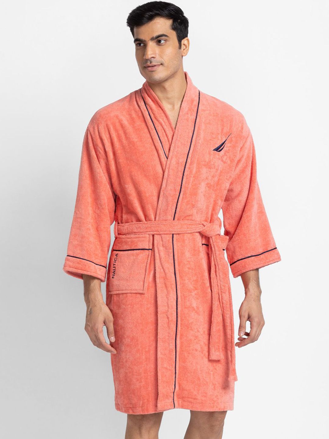 Nautica Men Coral Pink Solid Pure Cotton Bath Robe With Belt
