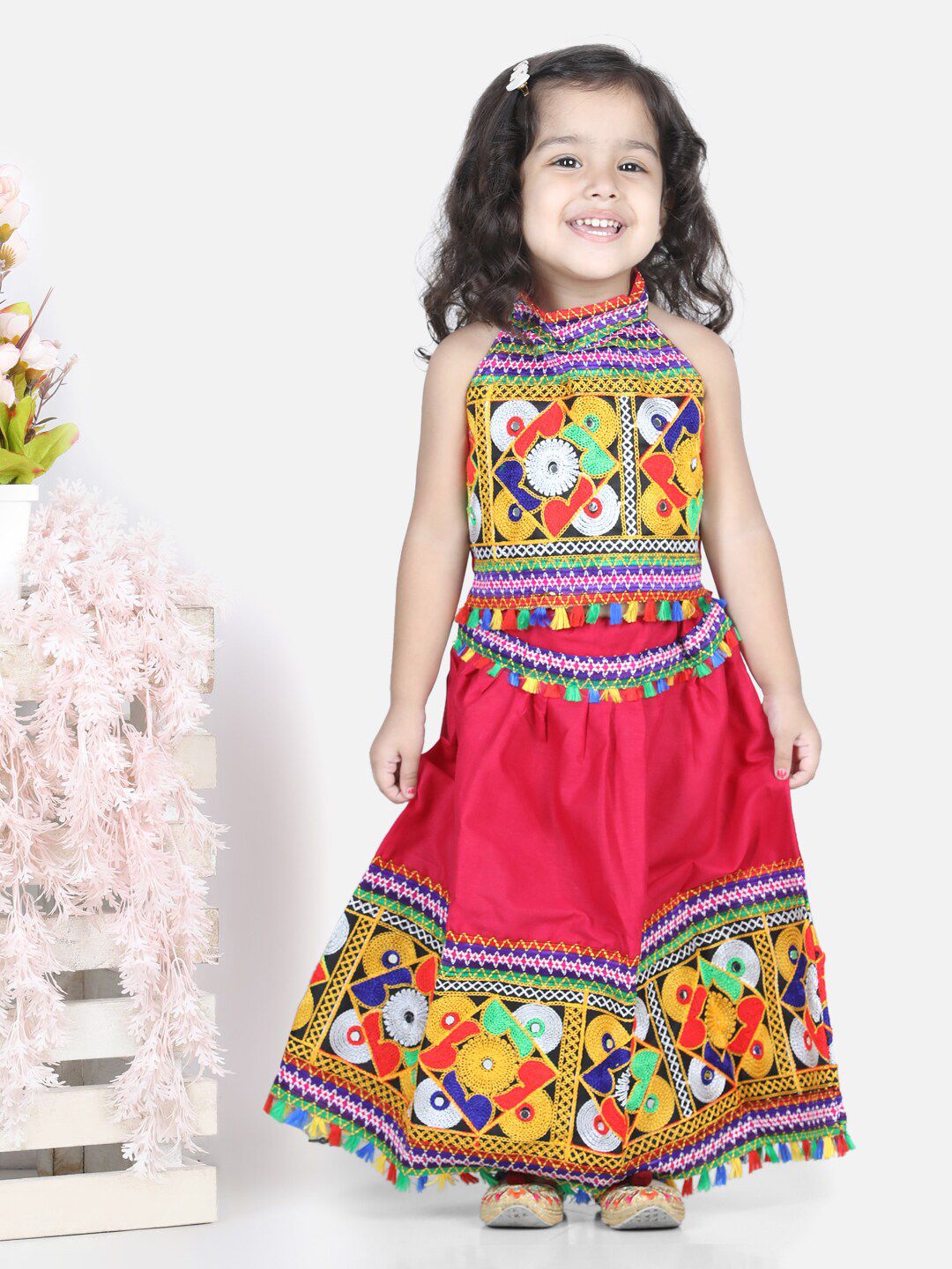 BownBee Girls Pink & Blue Embroidered Thread Work Halter Neck Cotton Lehenga Choli-picture-35