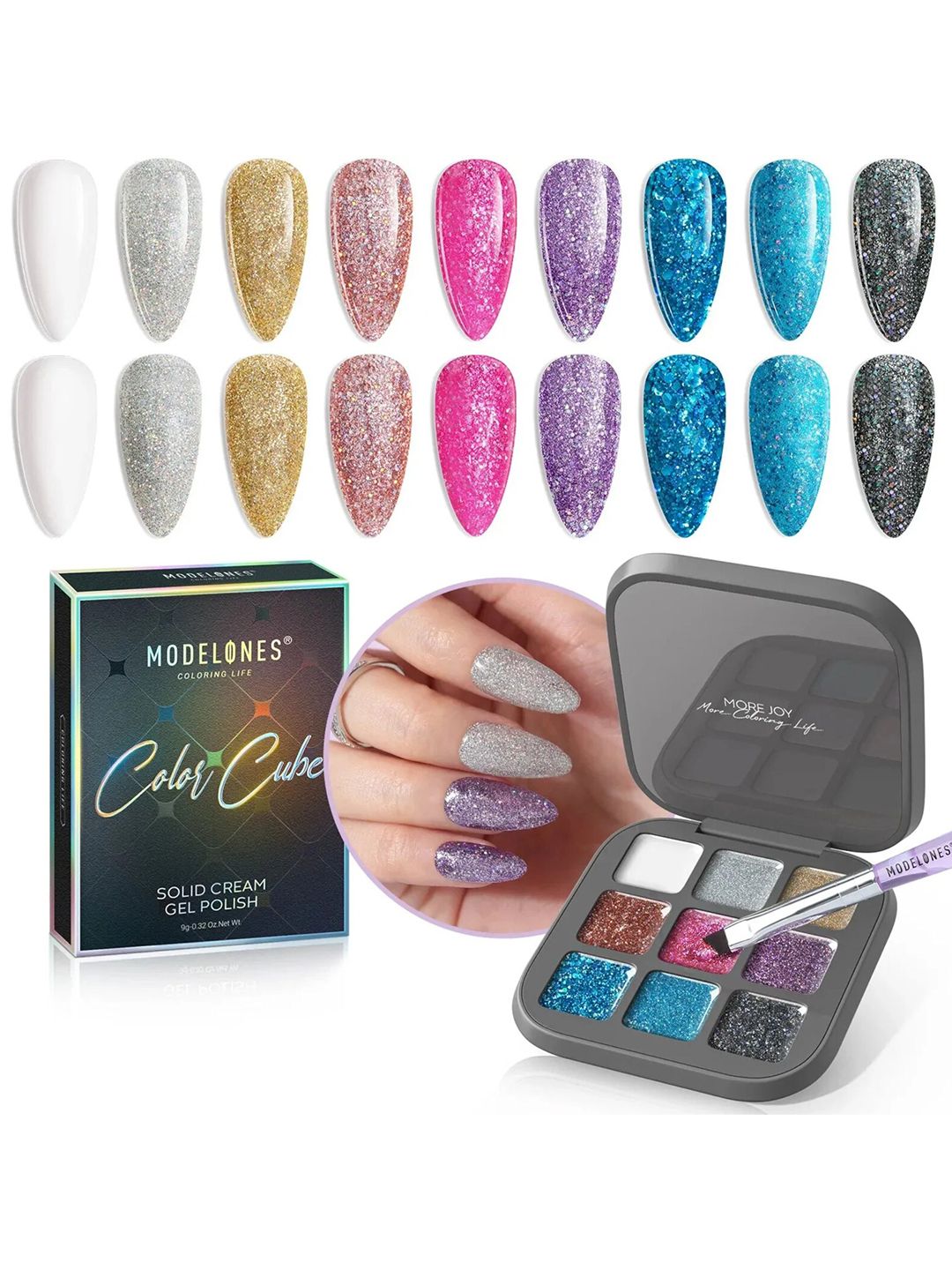Modelones 9 Shades Color Cube Solid Cream UV Gel Nail Polish Palette 9g - Sparkle Party-image-19