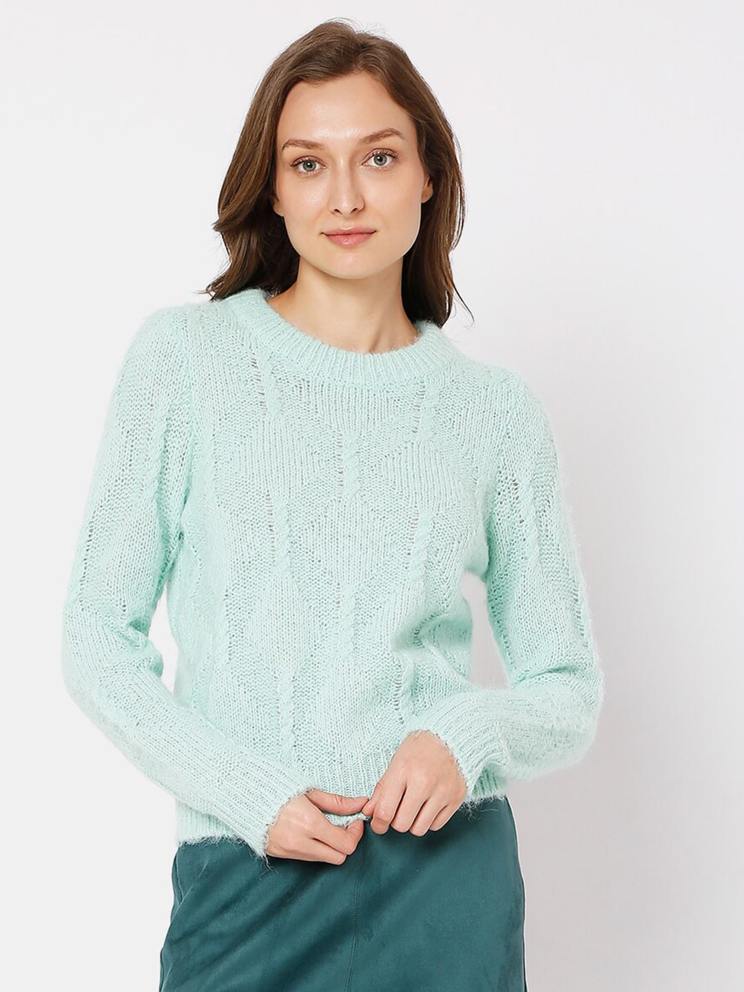 Vero Moda Women Green Cable Knit Pullover Sweater