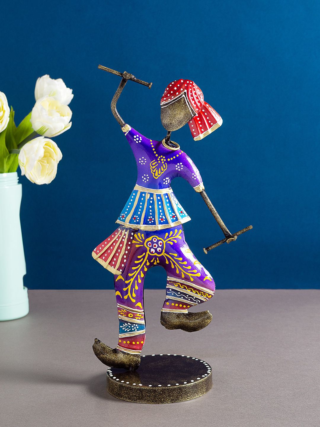 Golden Peacock Blue Gujrati Men Playing Dandia Garba Showpieces