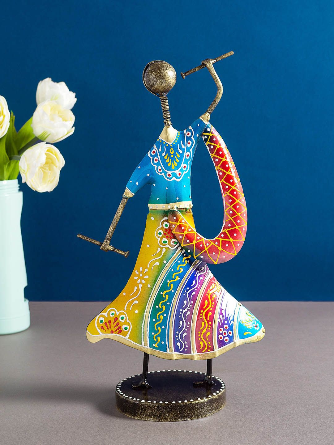 Golden Peacock Blue & Yellow Gujarati Women Playing Dandia Garba Figurine Showpiece