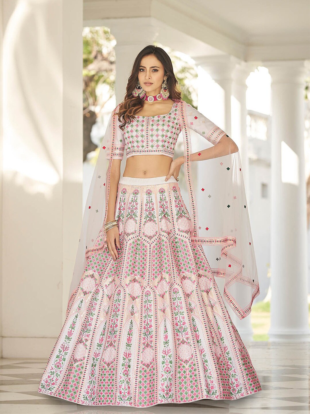 ODETTE White & Pink Printed Semi-Stitched Lehenga & Unstitched Blouse With Dupatta