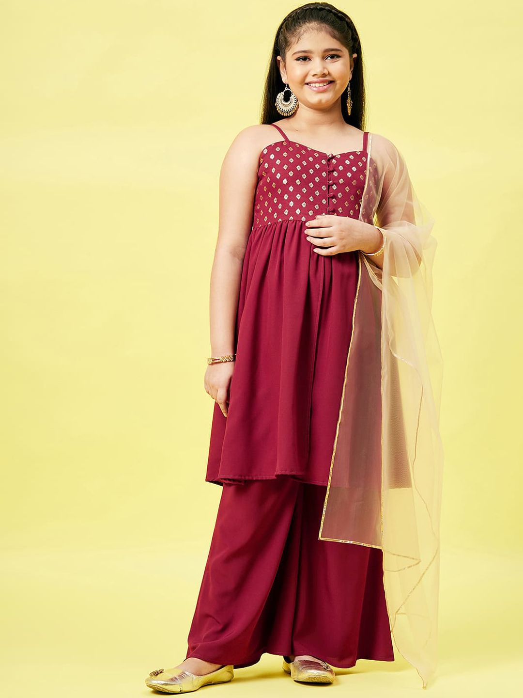Stylo Bug Girls Maroon Floral Print Yoke Design Polyester Kurta with Palazzos & Dupatta-picture-29