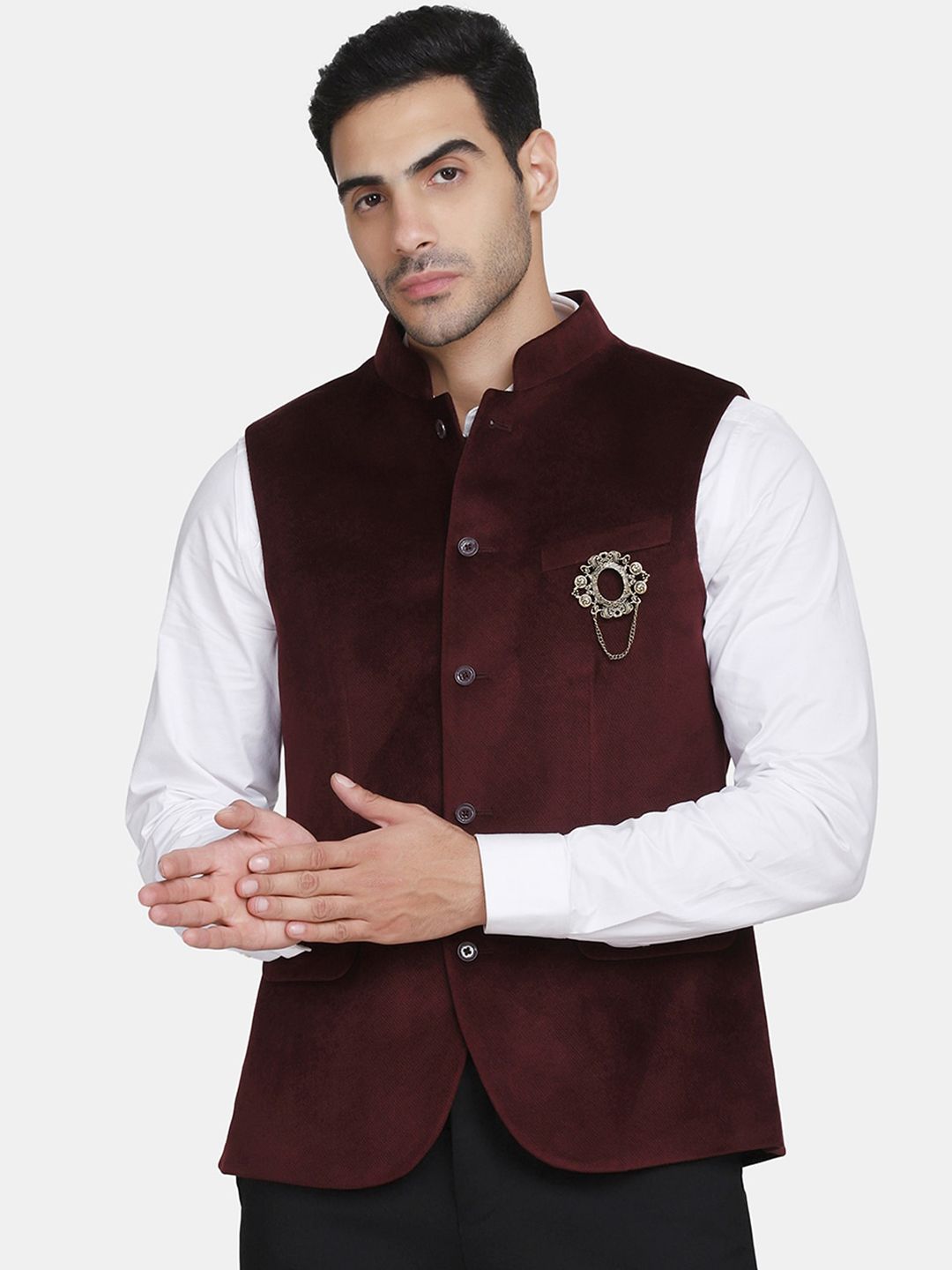 Blackberrys Men Maroon Solid Slim-Fit Woven Nehru Jacket-image-1