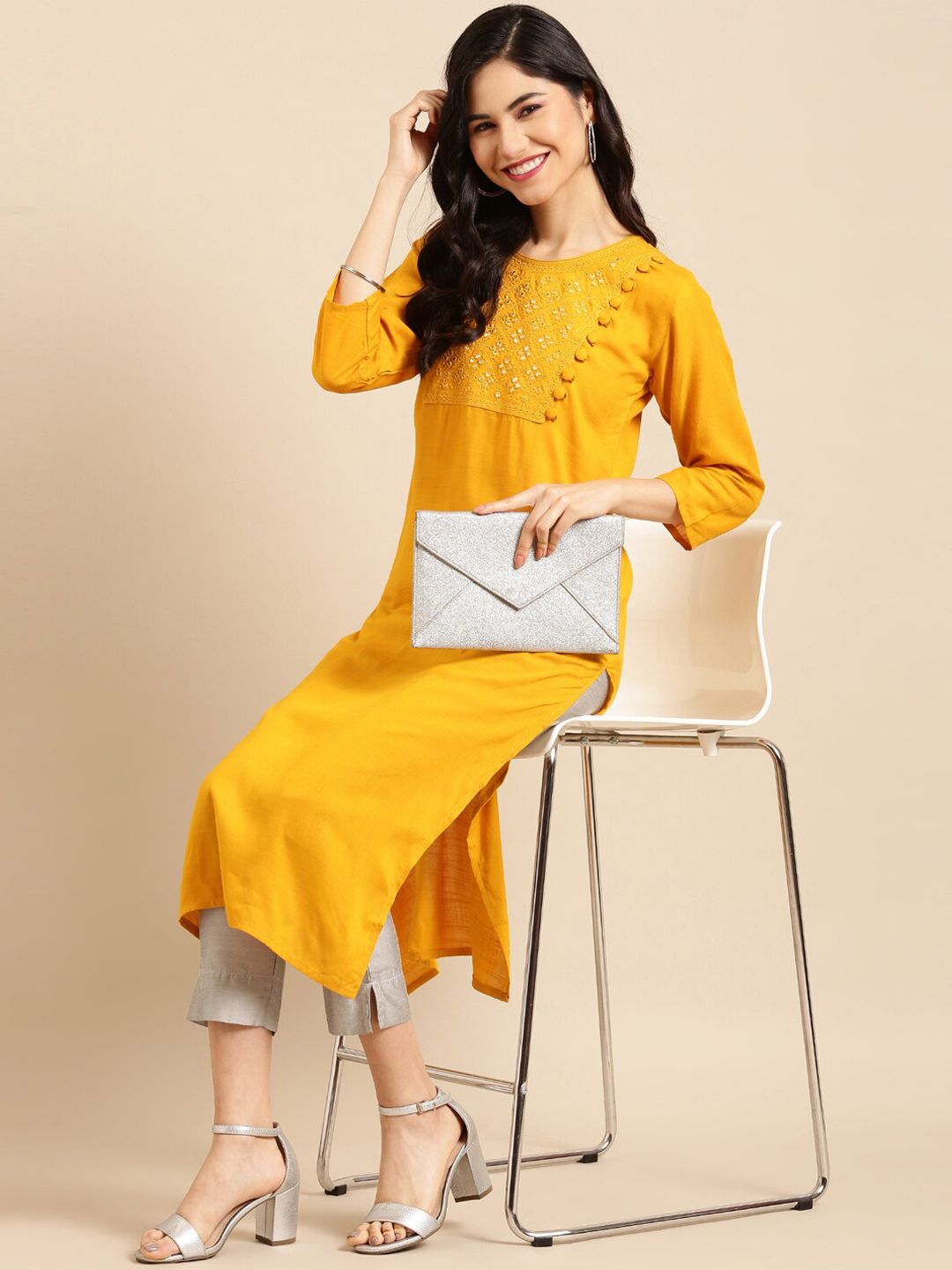 Elegant Collections Mustard Yellow Mirror Work Kurti