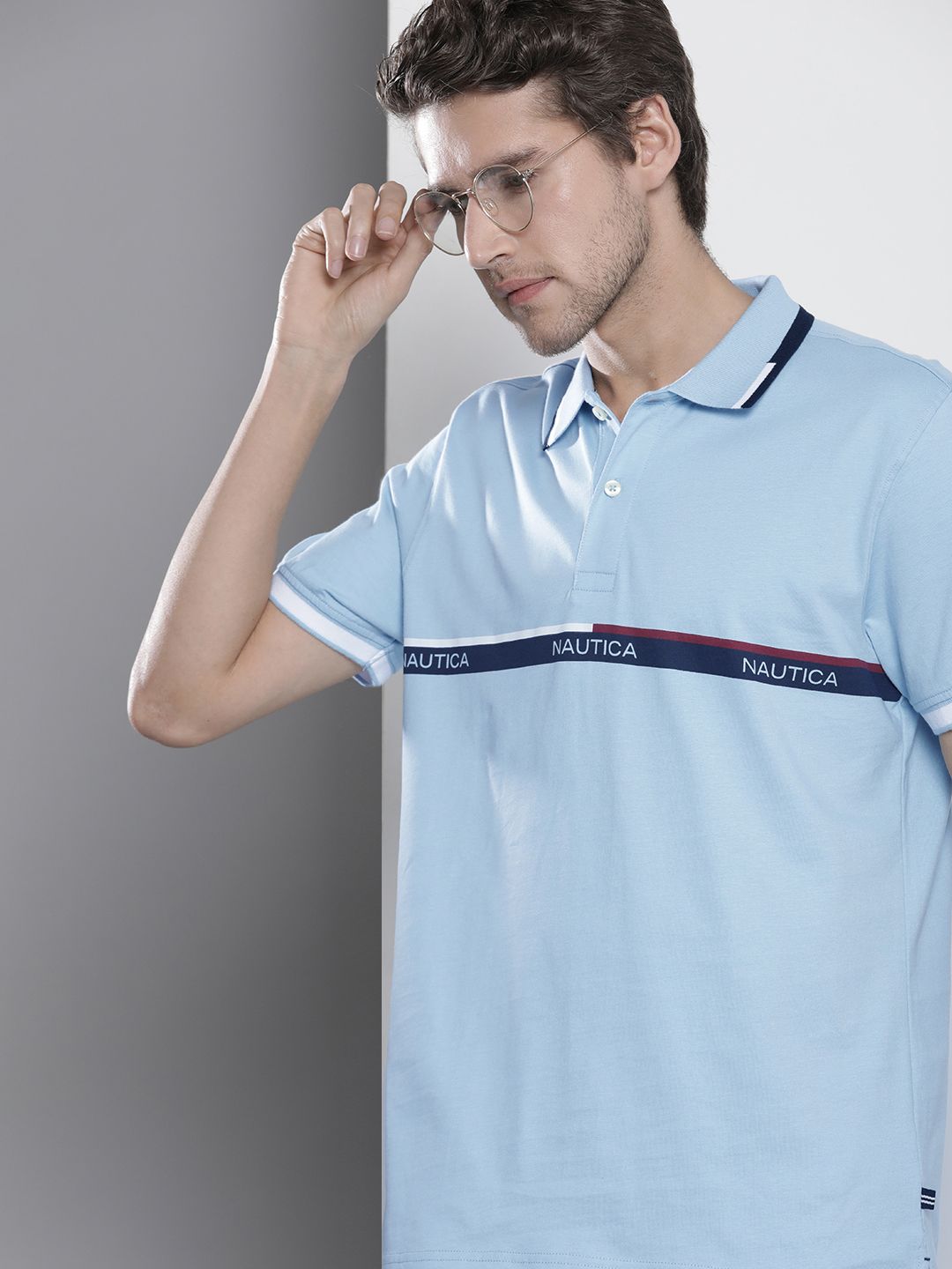 Nautica Men Blue Brand Logo Striped Polo Collar Pure Cotton T