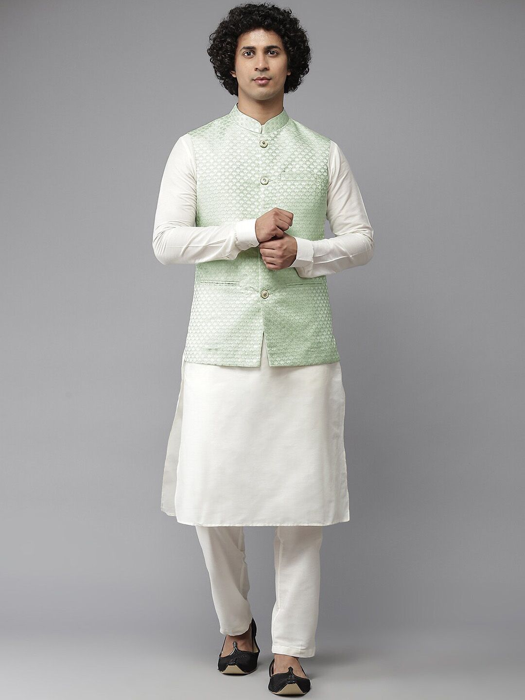 See Designs Men Green Woven Design Nehru Jacket-picture-25