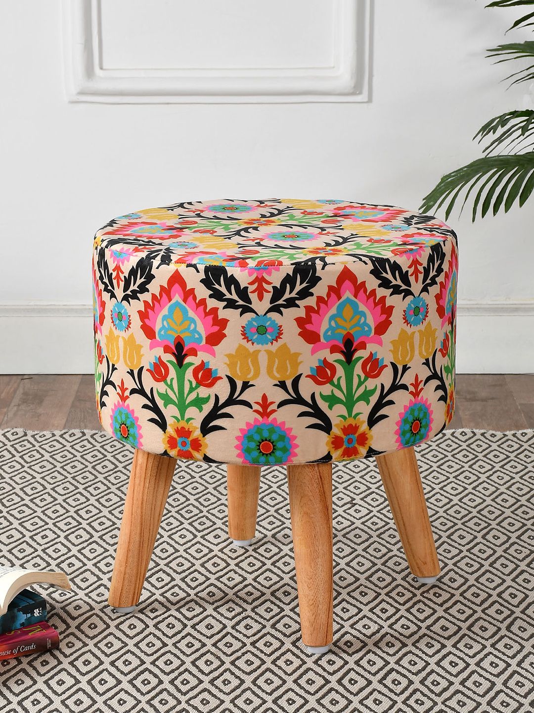 RIANCE CREATIONS Pink Printed Ottoman With Wooden Legs