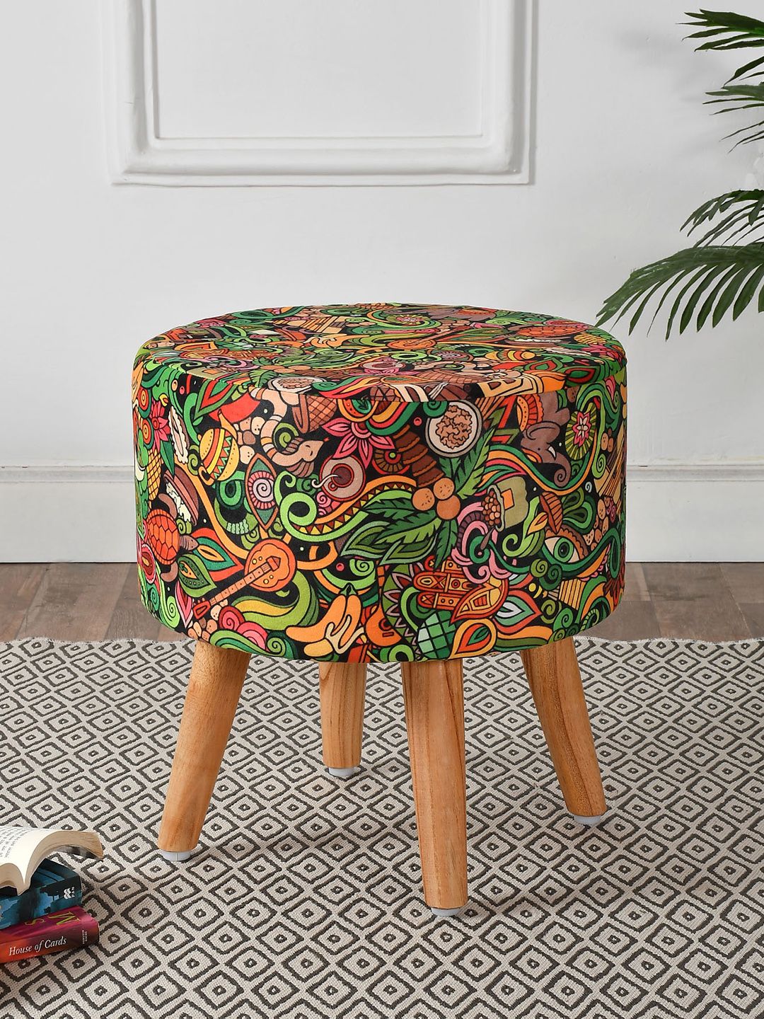 RIANCE CREATIONS Black Printed Wooden Round Ottomans