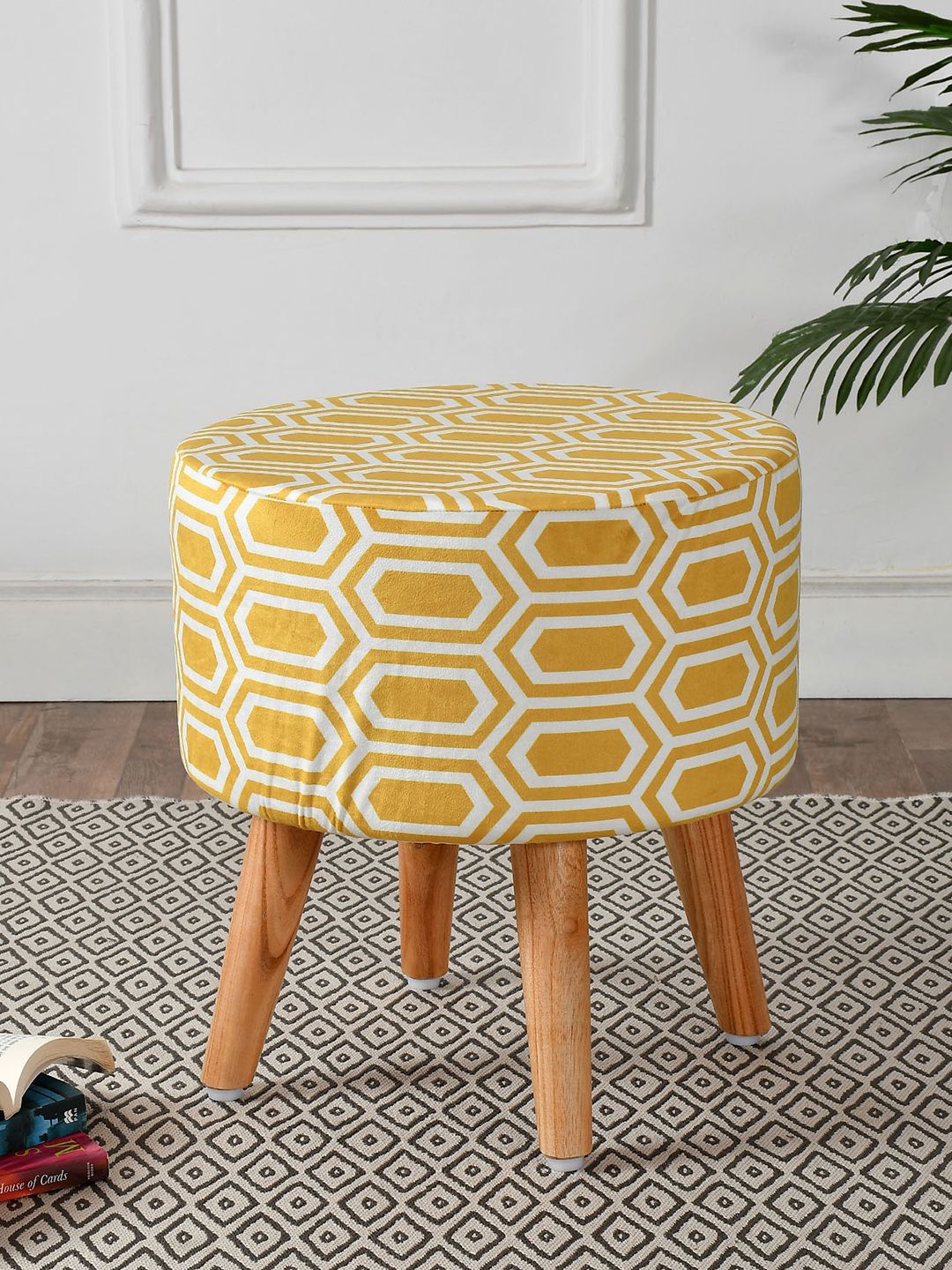 RIANCE CREATIONS Yellow & White Digital Printed Wooden Ottomans-image-49