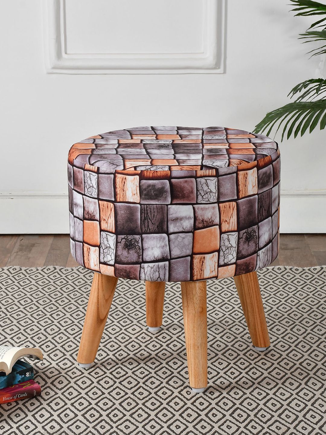 RIANCE CREATIONS  Multi Printed Velvet & Wood Ottomans-image-45