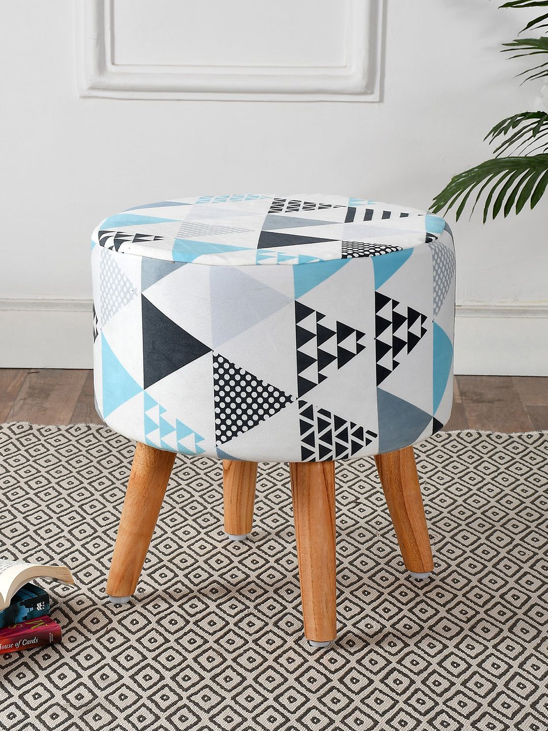 RIANCE CREATIONS White & Blue Geometric Printed Round Ottoman-image-41