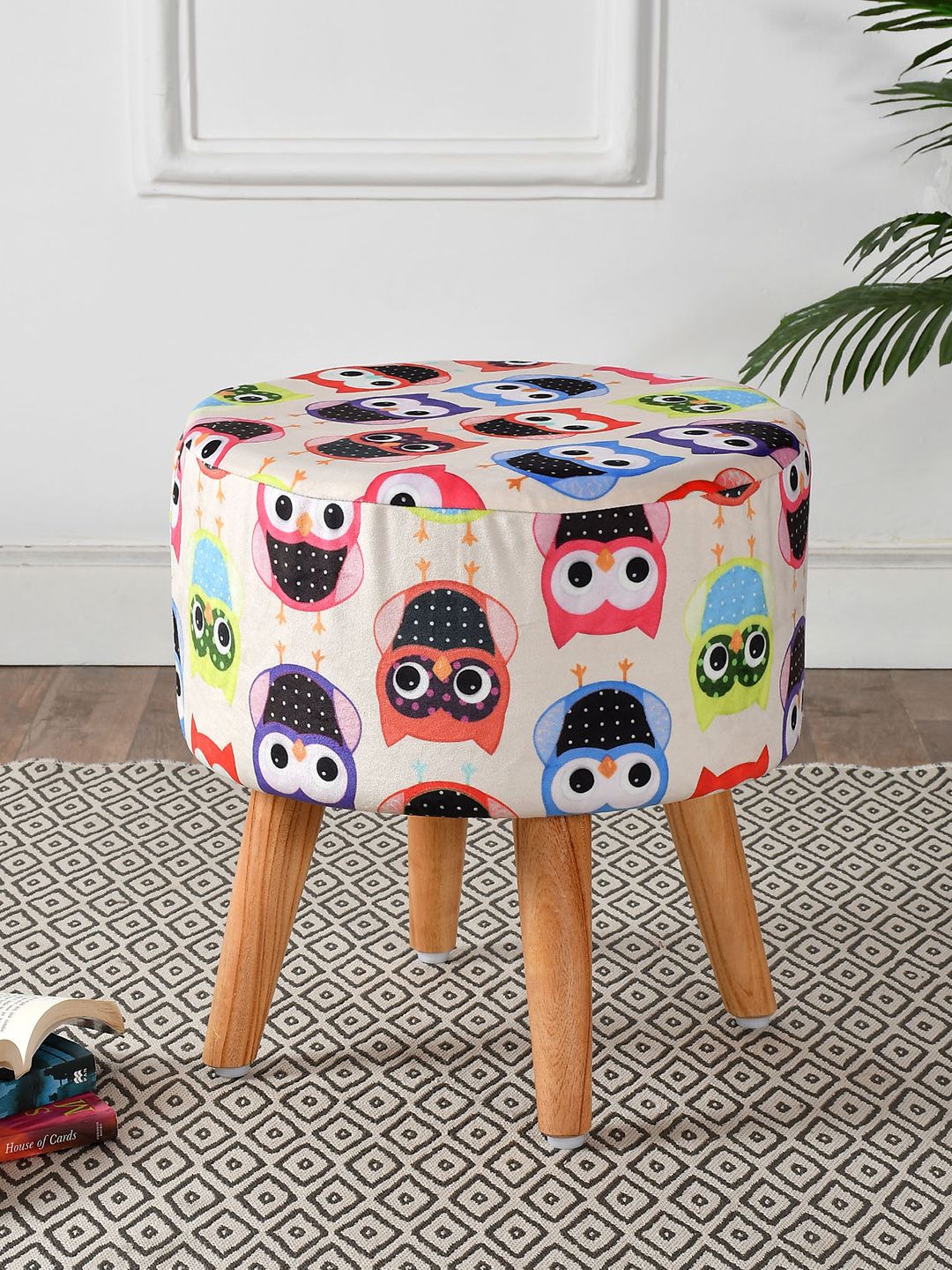 RIANCE CREATIONS  Cream Owl Print Velvet & Wood Ottomans-image-0