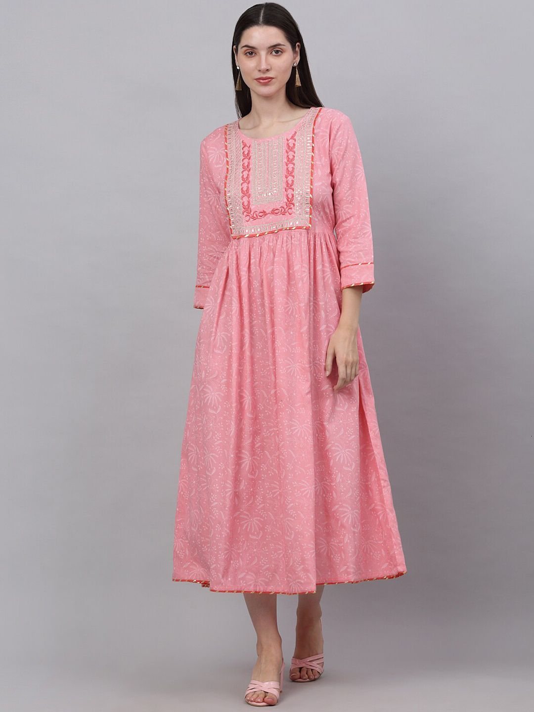 KALINI Women Pink & White Floral Printed Thread Work Floral Anarkali Kurta-picture-36