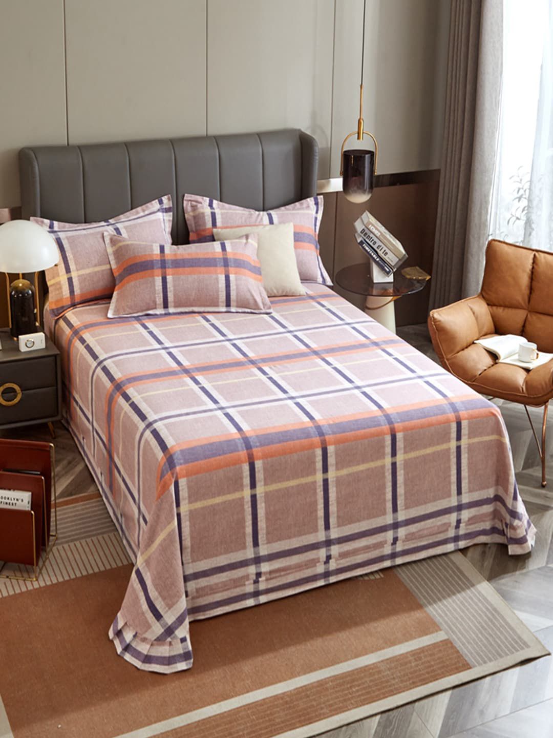 JC HOME Peach-Coloured & Blue Geometric 220 TC King Bedsheet with 2 Pillow Covers-picture-36