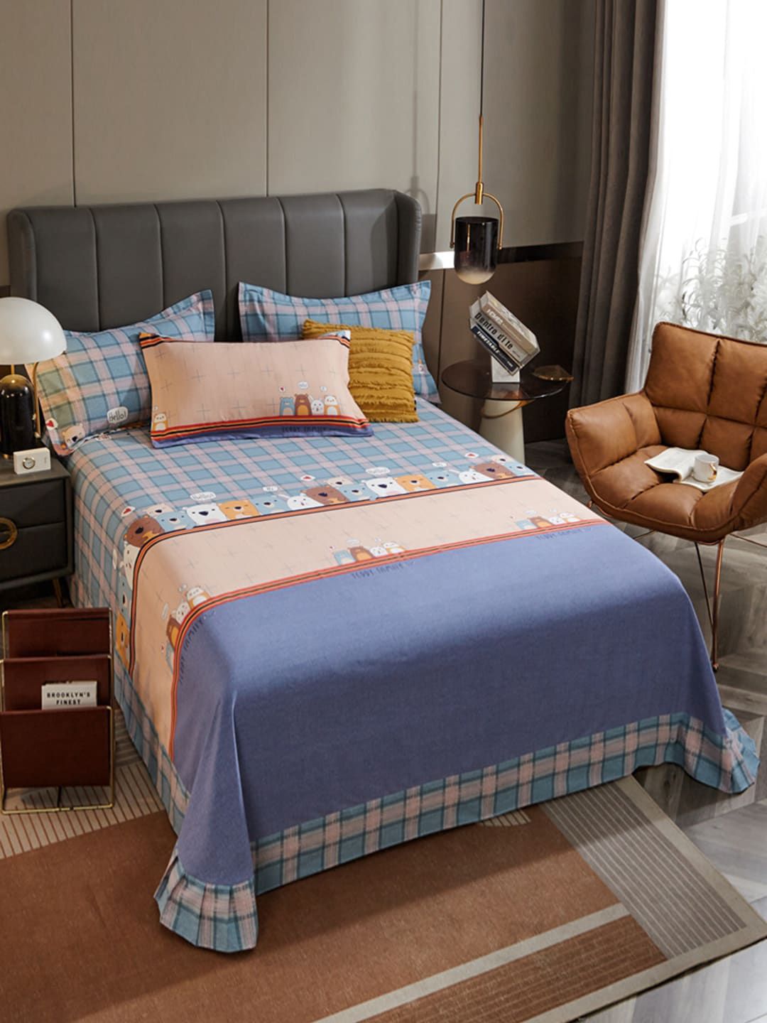 JC HOME Blue & Peach-Coloured Pure Cotton 220 TC Single Bedsheet & 2 Pillow Covers-picture-17