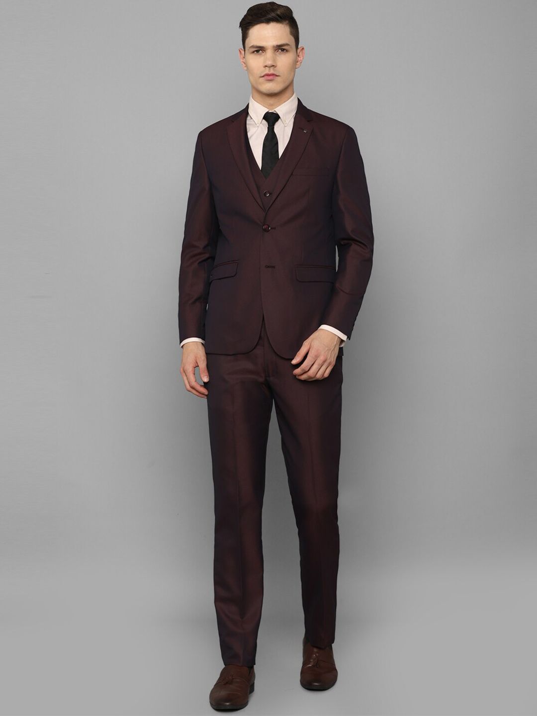 Louis Philippe Men Maroon Self Design Single Breasted 3 Piece