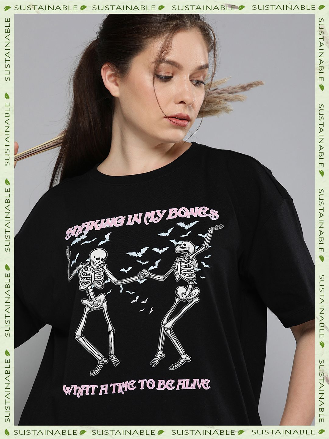 HERE&NOW Women Black & White Printed Pure Cotton T-shirt-picture-26