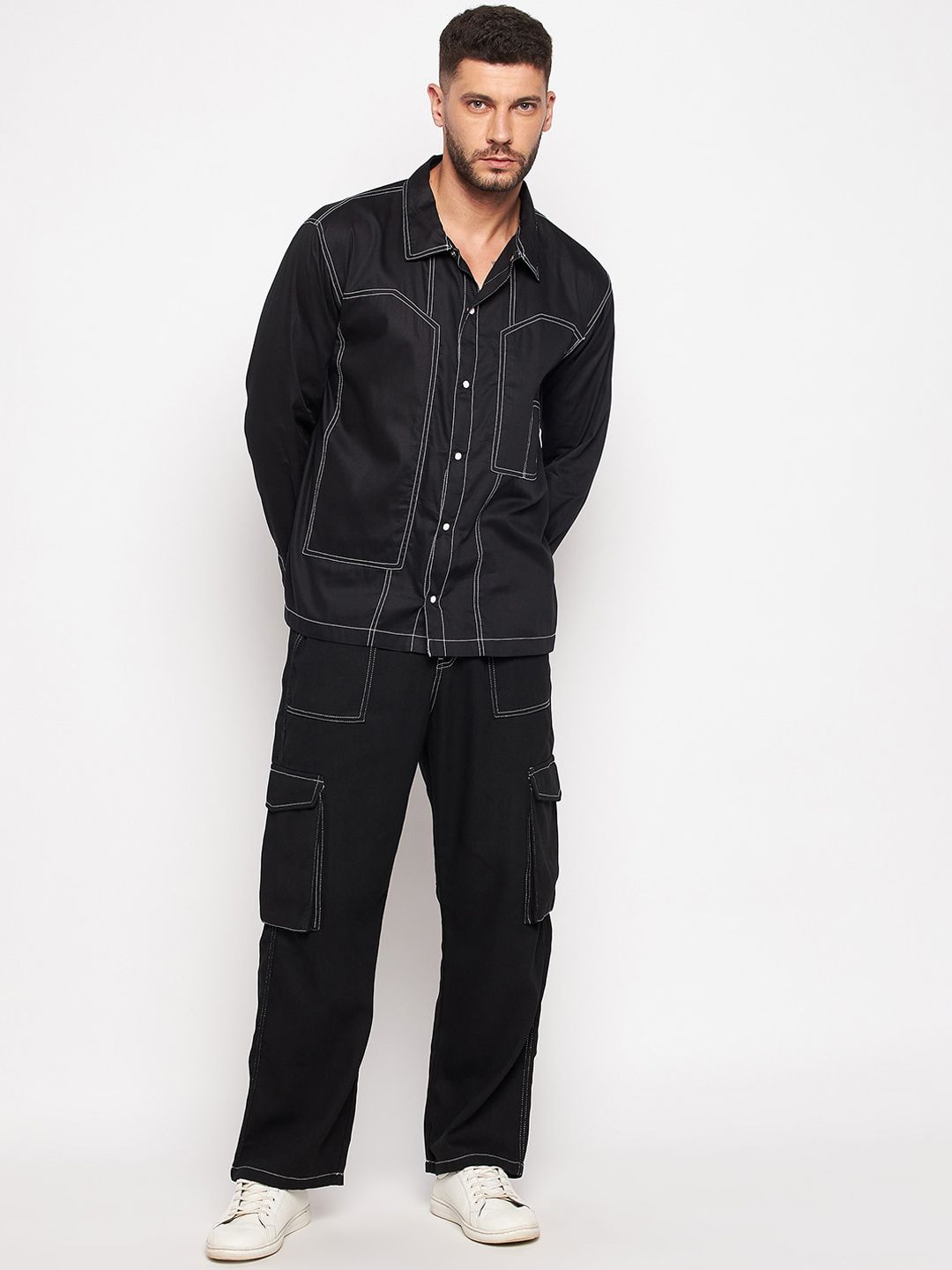 Fugazee FUGAZEE Men Black Solid Contrast Stitch Pure Cotton Co-Ords | Price History