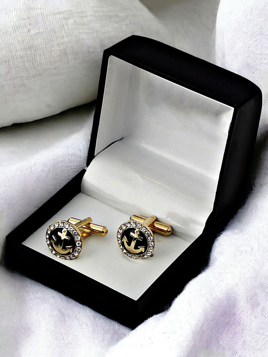 LUCKY JEWELLERY Black & White Gold Plated Cufflink-picture-10