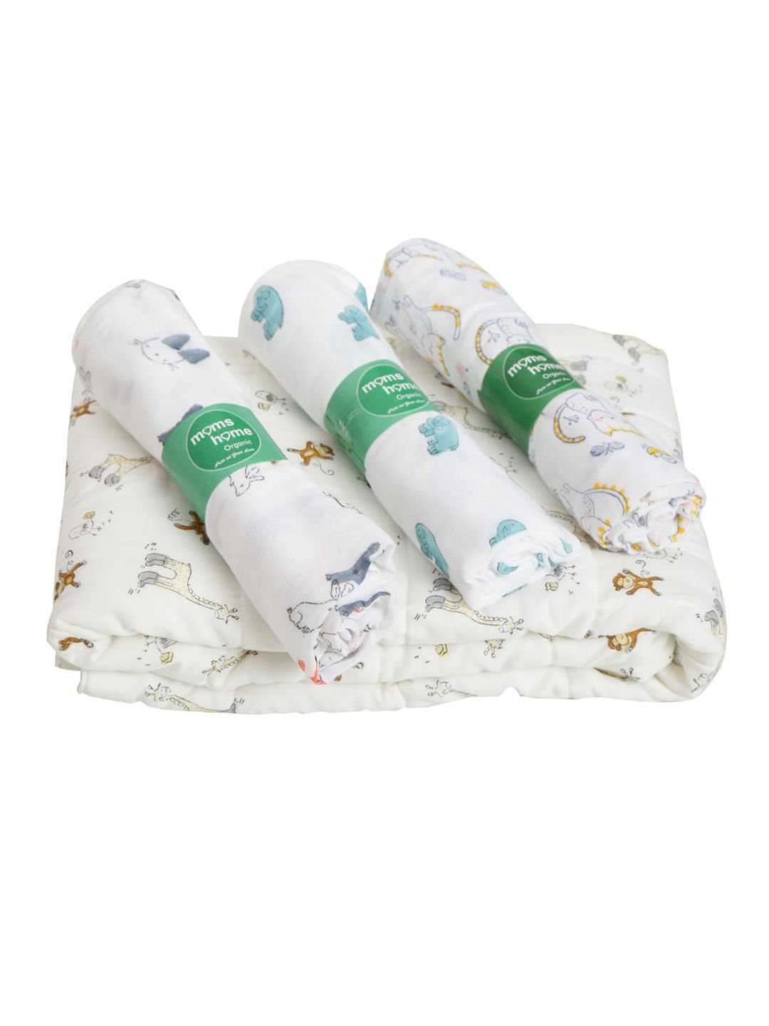 Moms Home Kids Set Of 4 Organic Cotton Baby Gift Pack - P3 Muslin 1 Organic Cotton AC Quilt-image-39