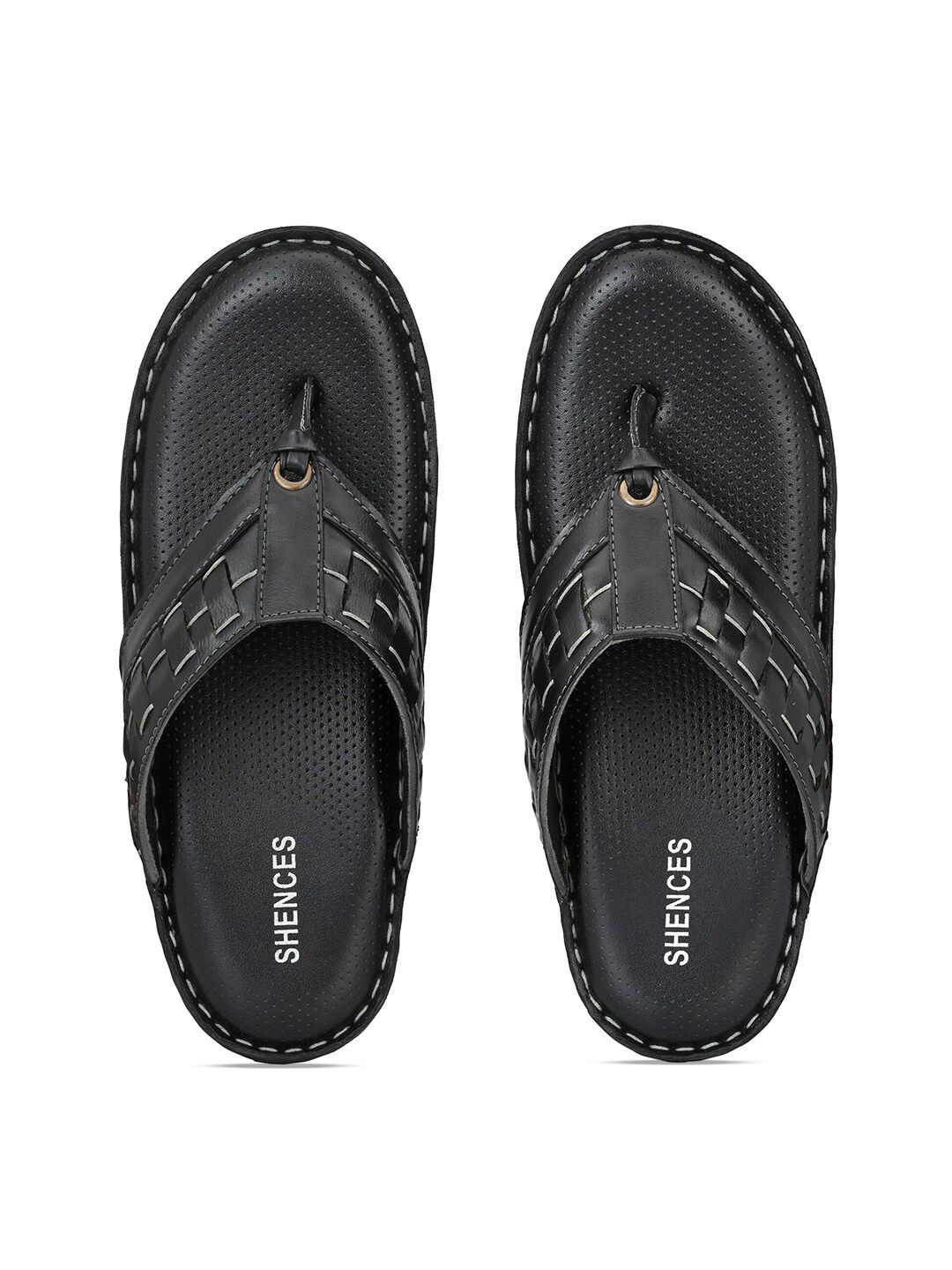 Shences black leather online slippers